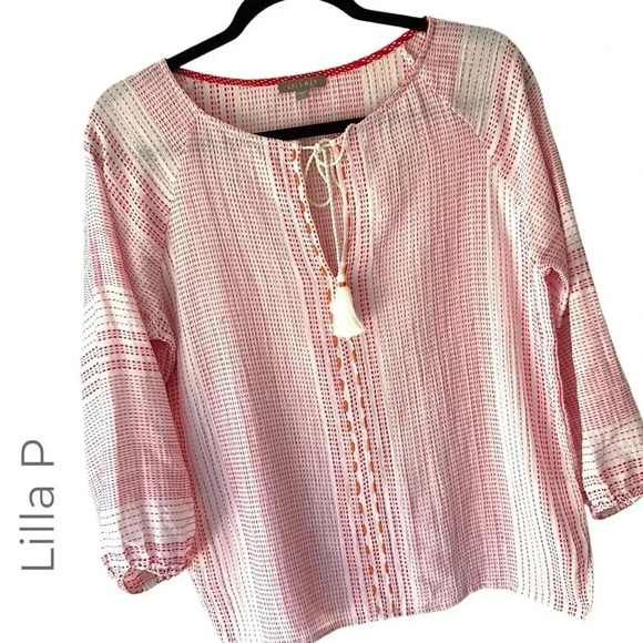 LILLA P | NWOT | EMBROIDERED COTTON TOP TASSELS RAGLAN SLEEVE | SIZE: SMALL - Picture 1 of 8